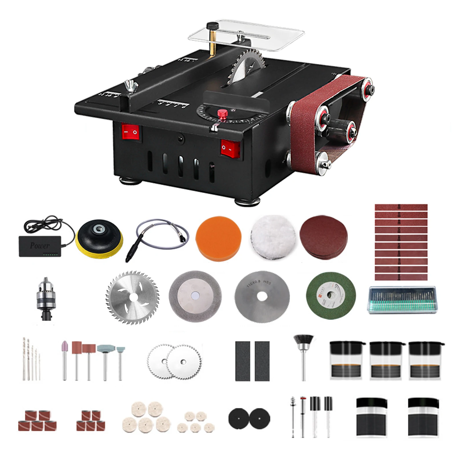 150W Mini Table Saw Belt Sander Kit 4500rpm Bench Circular Saw 7 Speed 30mm Depth DIY Engraving Sanding Grinding Cutting Machine