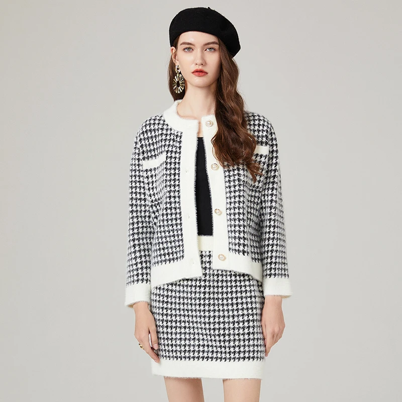 

New Autumn Winter Women Fashion Houndstooth Knitted Skirt Suits Single Breasted Cardigan Jacket And Mini Skirt Two Piece Set