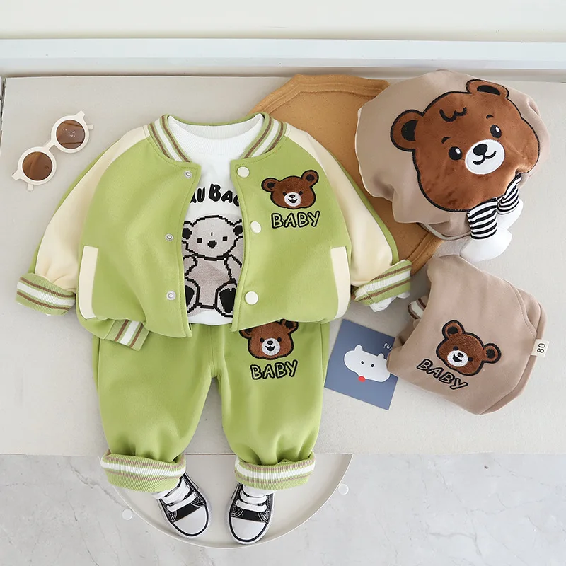 Childrens Spring Autumn 3PCS Clothes Set Baseball Jacket Handsome Pants Cute Little Bear Shirts Suit Toddler Boys Outfits