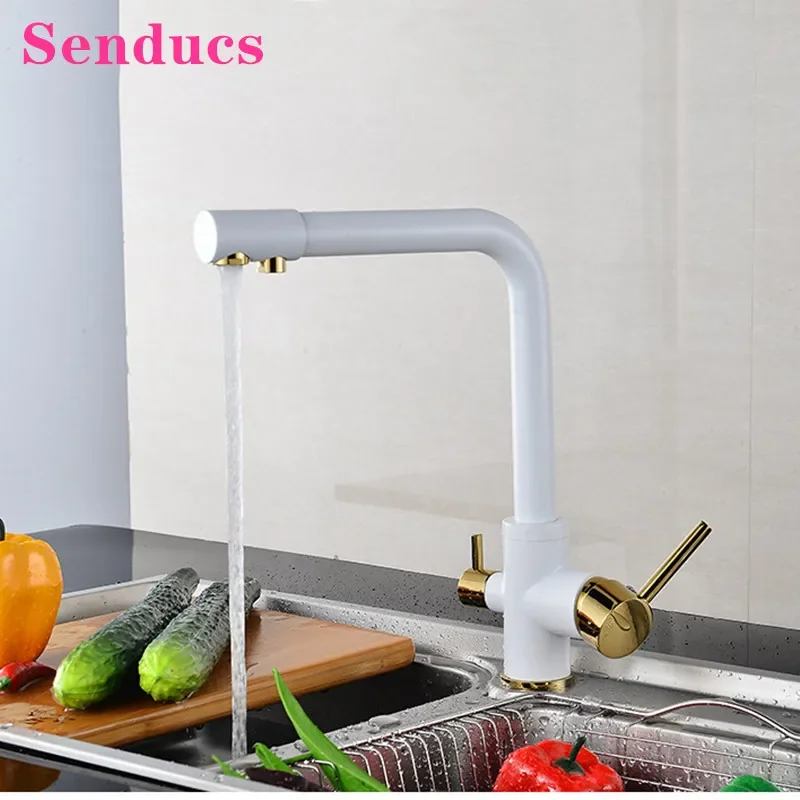 Filter Kitchen Faucet Senducs White Gold Drinking Water Mixer Tap Quality Brass Pure Water Kitchen Tap Dual Handle Filter Faucet