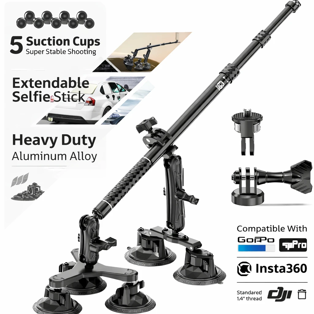 

Car Suction Cup Camera Mount with Extendable Selfie Stick, Aluminum Action Camera Holder for GoPro Insta360 DJI Car Shooting
