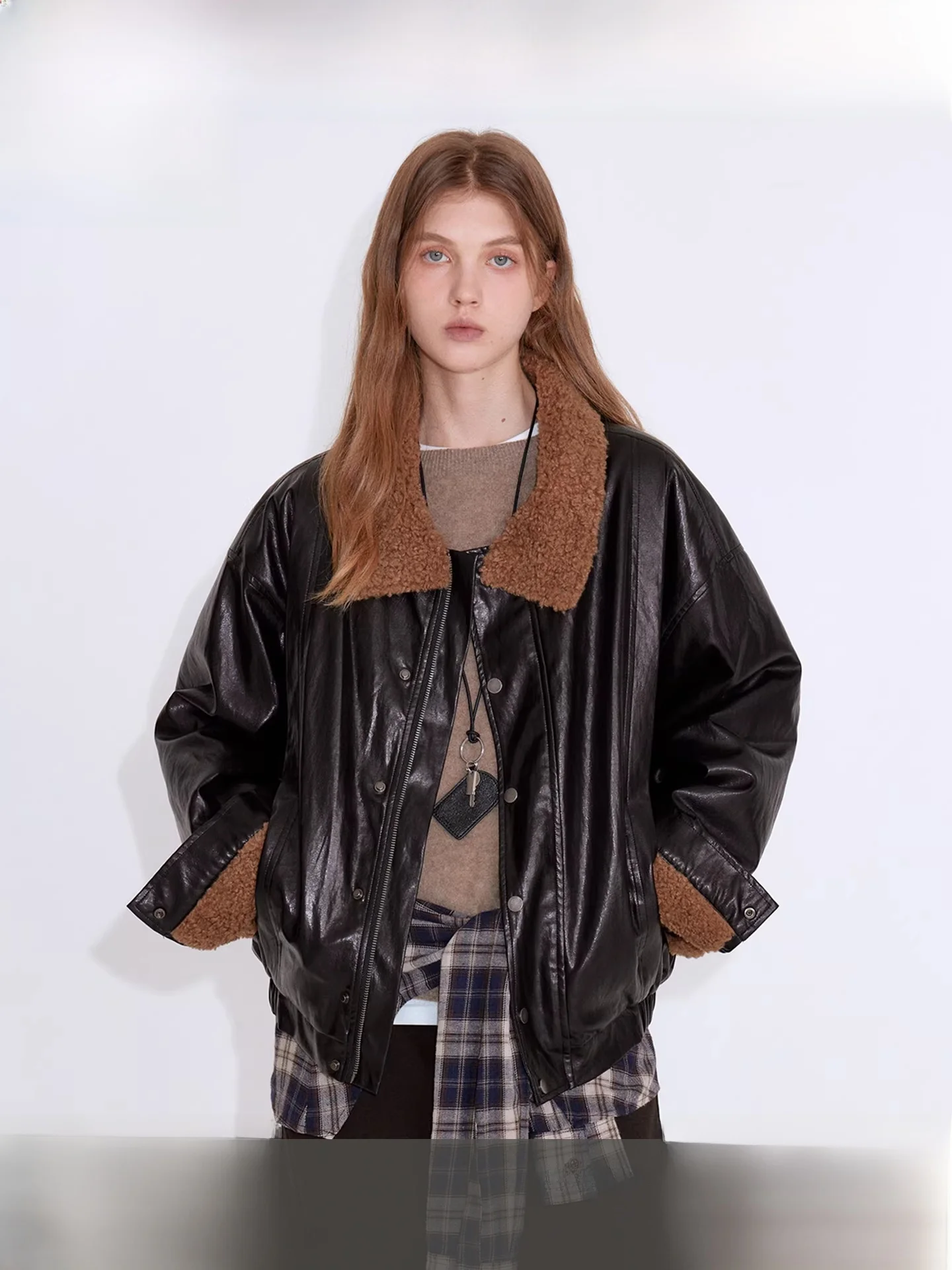 

Fano Retro Aesthetic Color Colion Fce Inner Texture Oil Wax Leather Casual Cotton ort Jaet Women Winter Coat