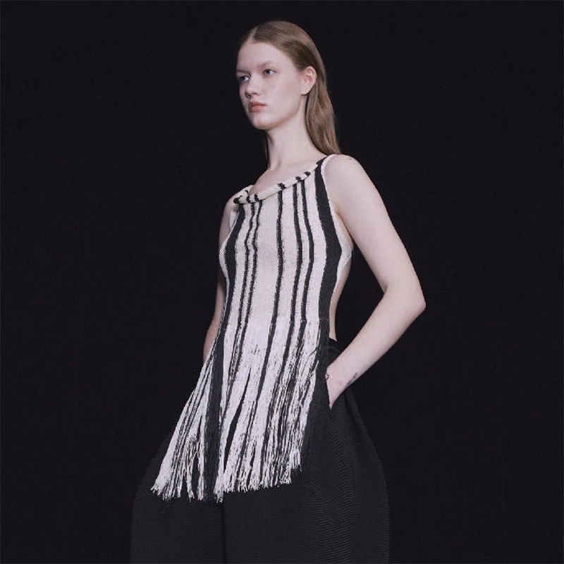 

MAYALI Velinda Handpied Store Svel Color Blo Striped Tassel Decoration Top Mid-Length Straight Cut Commute Sle