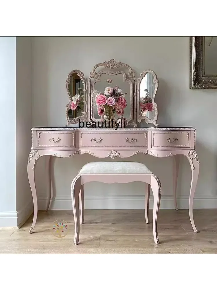 French Retro Distressed Pink Dressing Table Nordic Style Solid Wood Carved Dressing Table Dressing Stool Glass Combination