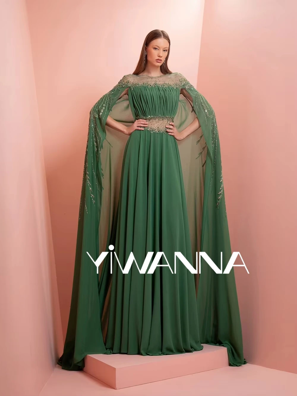 

Green Beaded Chiffon A-line Long Evening Dress With Cape Pleated Boat Neck Wedding Party Gown Customized Elegant Prom Dresses