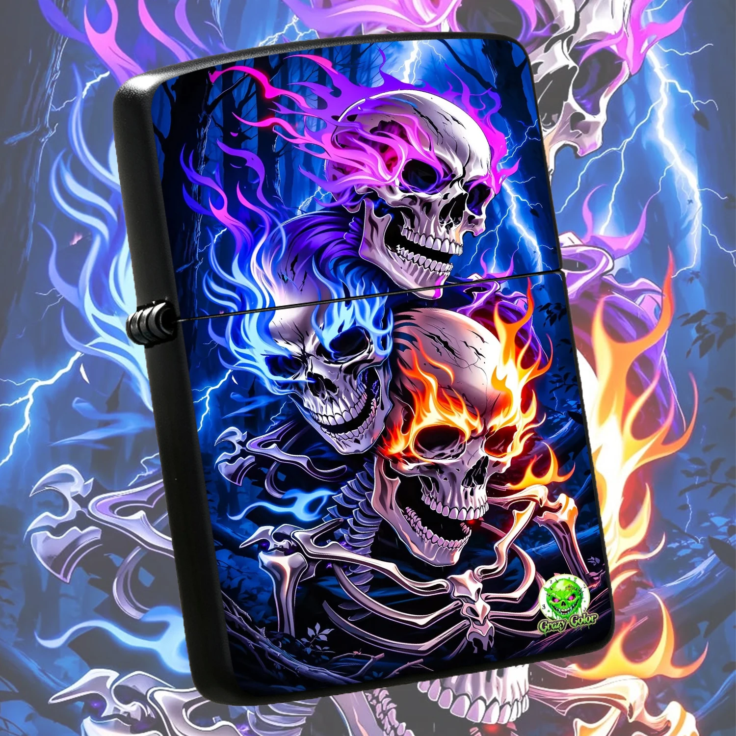 Creative Lighter With 3 Glowing Skulls In Neon Purple Blue Orange Flames, Spooky Dark Forest Lightning Vibe, Stylish Portable Accessory For Daily Outdoor Use, Unique Trendy Collectible Gift For Friends, Fits All Scenes As Cool Decorative Pr
