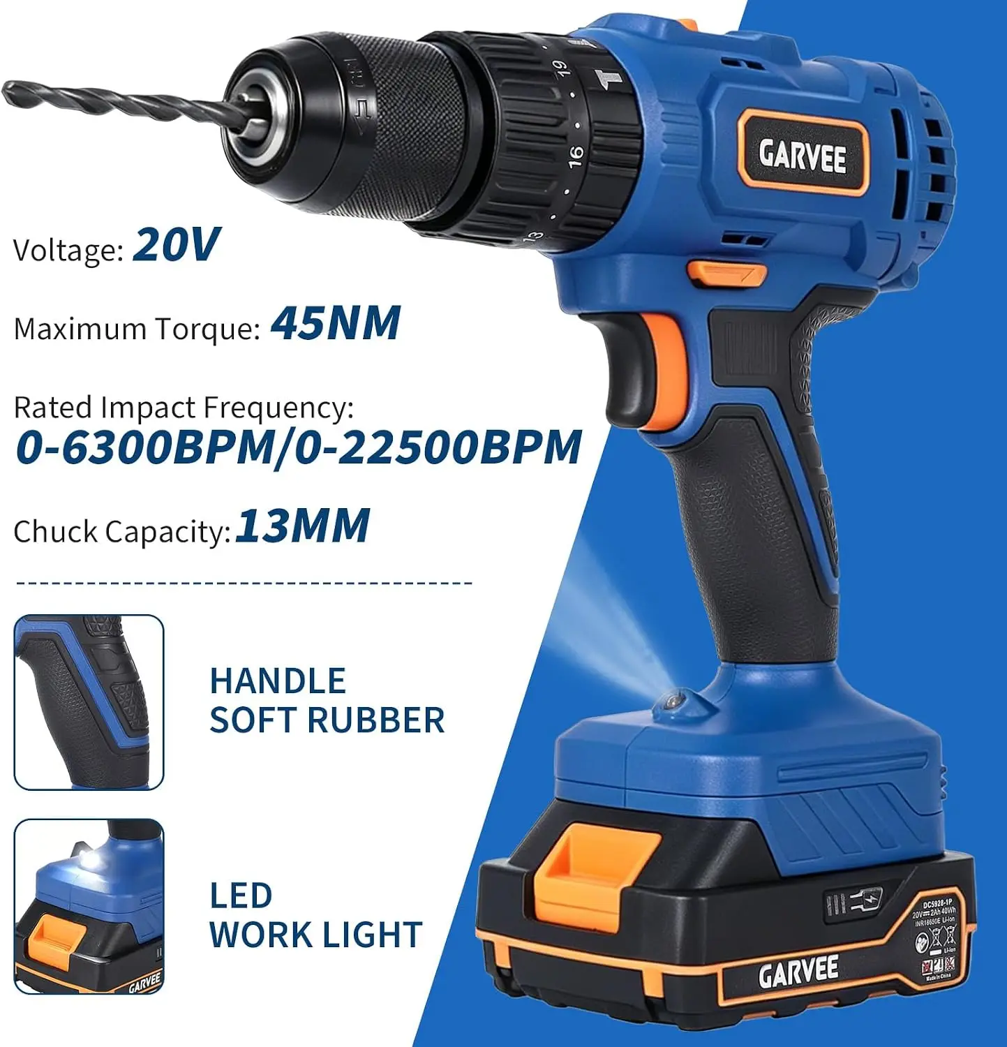 20V Cordless Hammer Drill with 1/2inch Keyless Chuck, 56-Piece Drill Bit Set  Driver-Drill High Torque Electric Screwdriver Tool