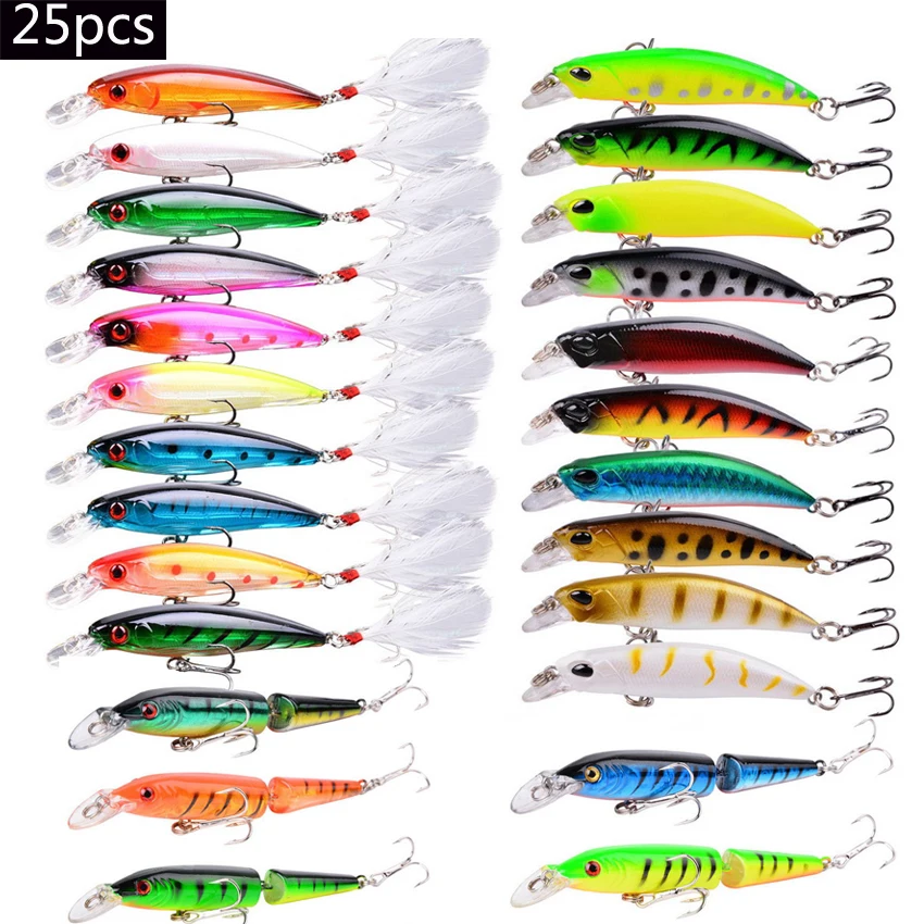 25pcs Minnow Fishing Lure Hard Plastic Bait Artificial Lures Swimbait Bass Pike ABS Wobbler for Fish Hooks Crankbait 3D Eyes Sea