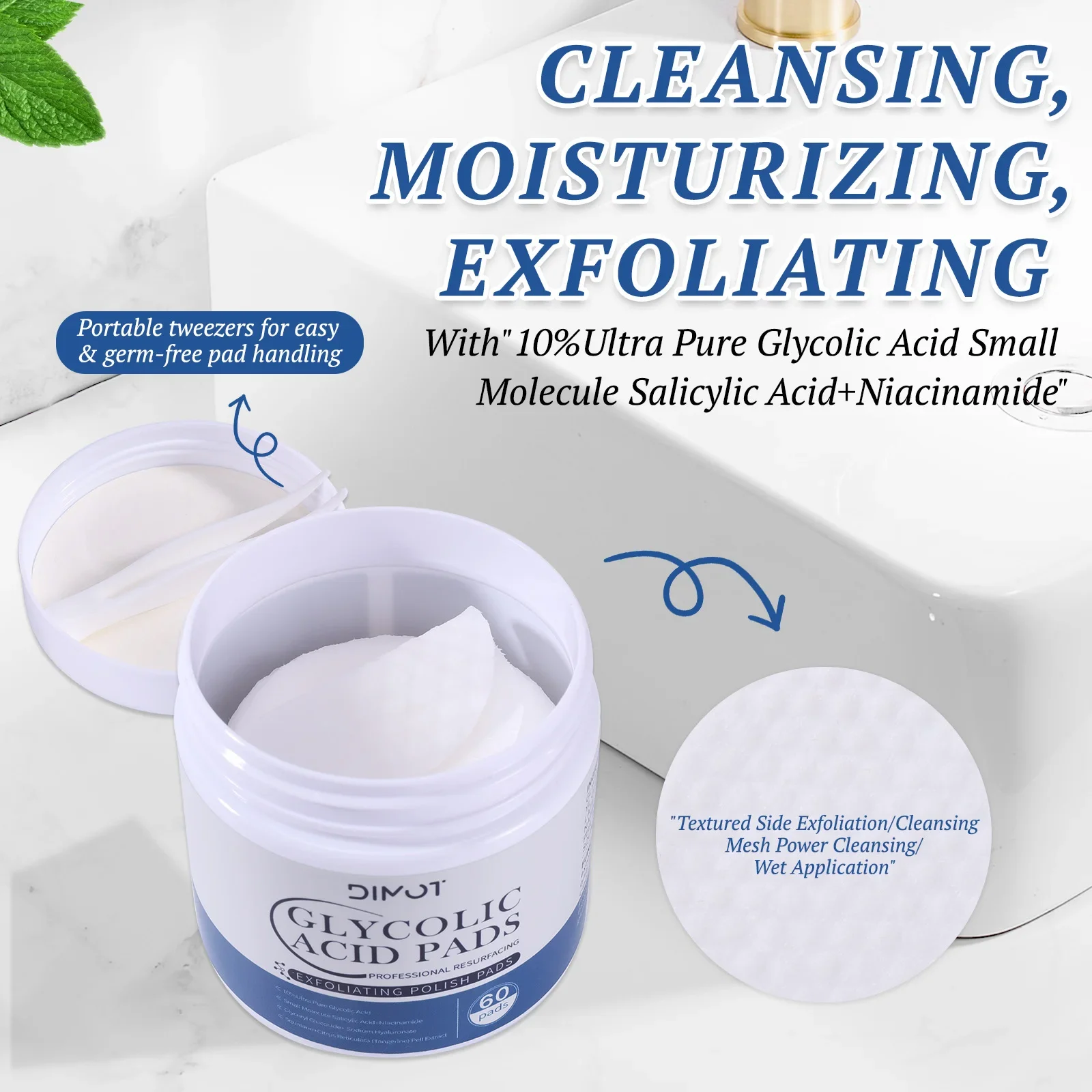 Almohadillas exfoliantes de ácido glicólico 10%, 60 unidades, tratamiento del acné, minimización de poros, Control de aceite, exfoliación facial, ácido salicílico, niacinamida, cuidado de la piel