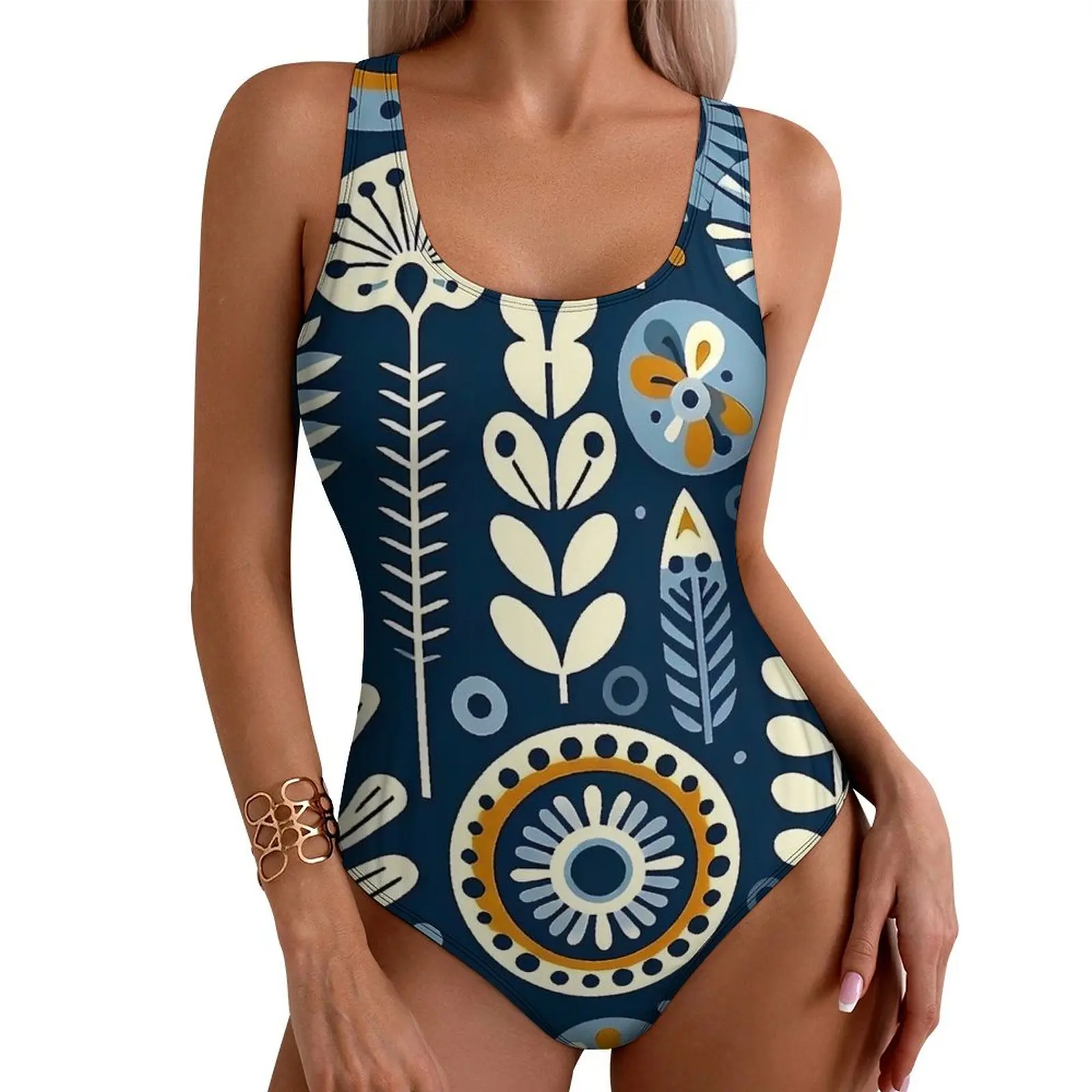 Folk Art Floral Swimsuit Blue Print Push Up Swimwear One-Piece Surfing Bathing Suit Swimsuits Sexy Design Beachwear Plus Size