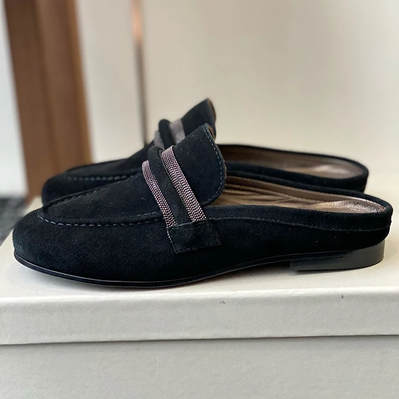 Suede Flat Lazy Mules Women Metal String Bead Decor Closed Toe Half Slippers Spring Autumn Outdoor Vacation Walking Shoes