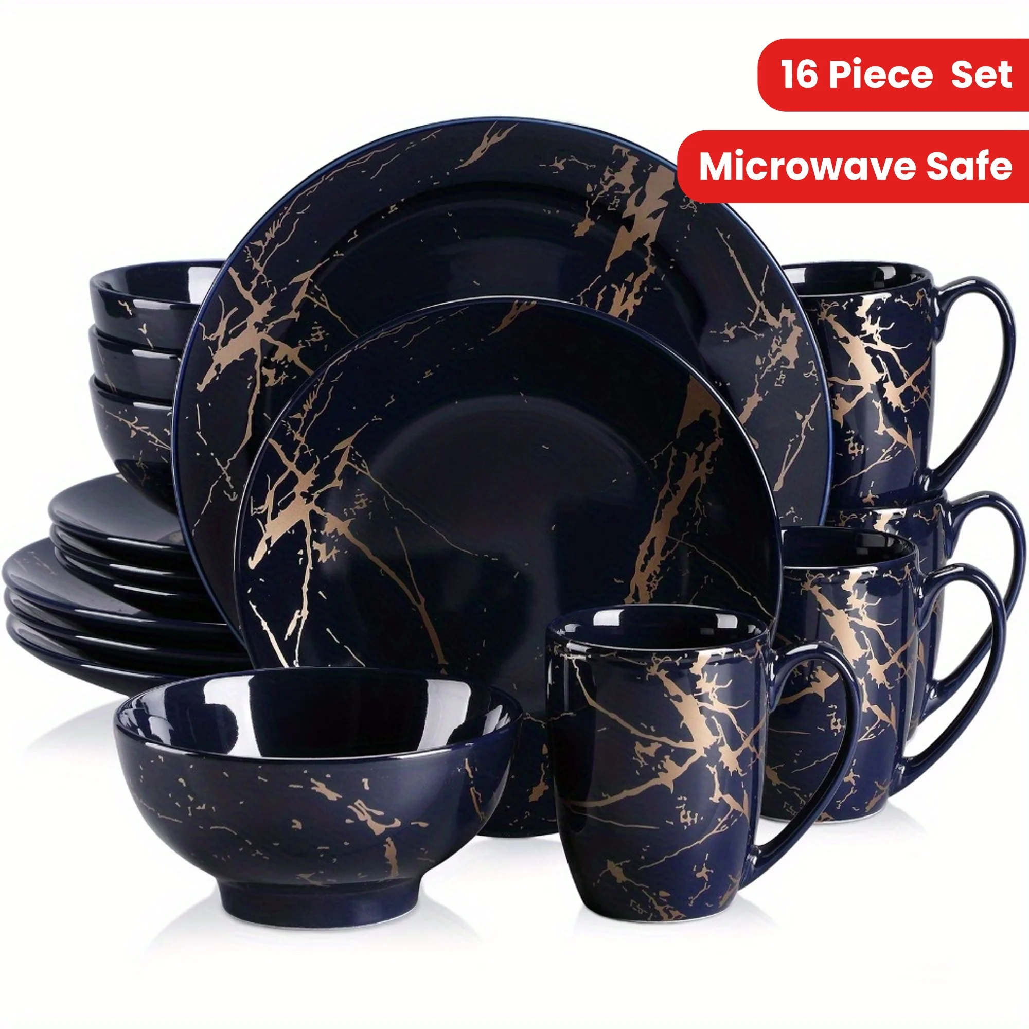

16 Piece Golden Splash Glaze Dark Blue Porcelain Dinnerware Sets Round Dinner Set with Mugs, Dishwasher Microwave Safe
