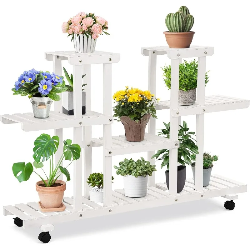 Rolling Flower Rack Wood Plant Stand on Wheels 6 Wood Shelves 12 Pots Bonsai Display Shelf Indoor Outdoor Yard Garden