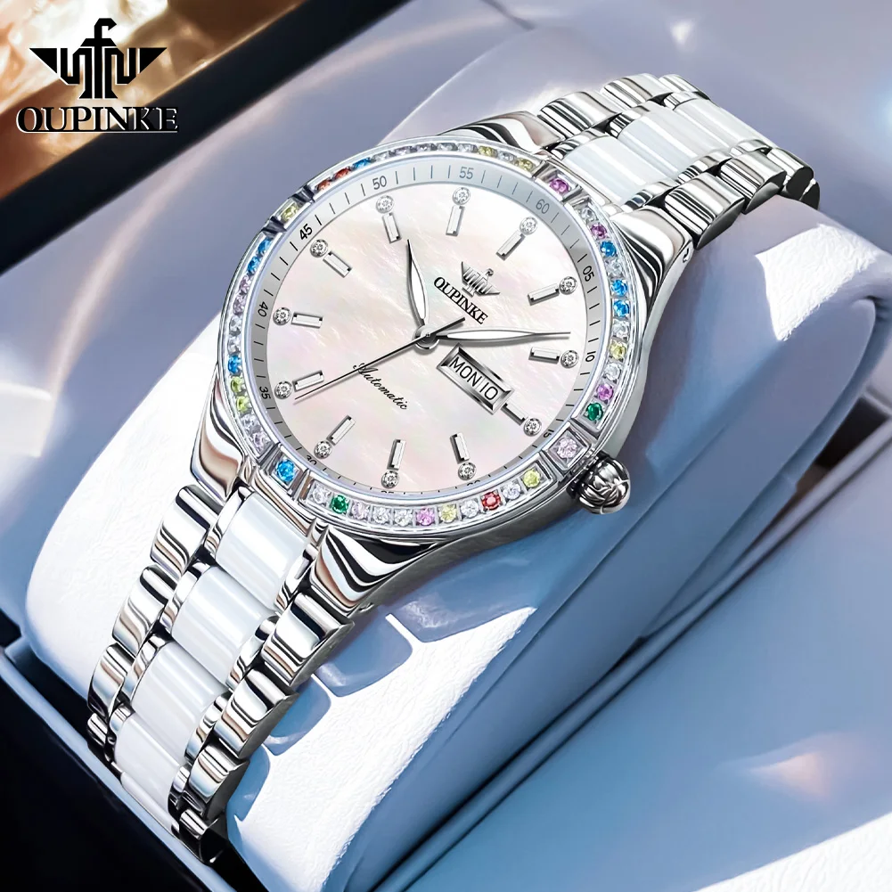 OUPINKE Mechanical Watch for Women Stainless steel Ceramic Strap Sapphire Mirror Waterproof Luminous Calendar Week Ladies Watch