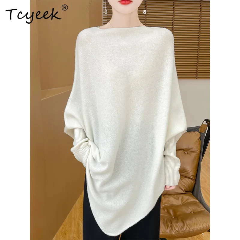 

Tcyeek, 100% Wool Sweater, Women's Lazy One Neck Slit Loose Retro Style, 2024 Autumn And Winter New Top T48009KE