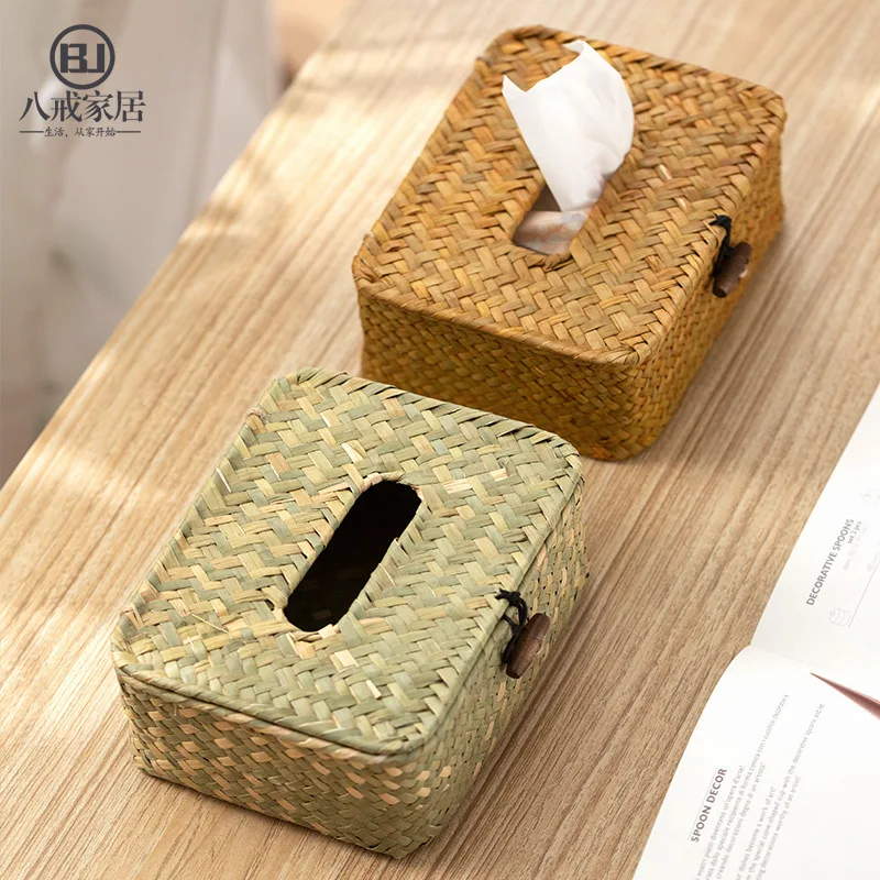 

Hand-Woven Seagrass Tissue Box Cover Decorative Farmhouse Rustic Style for Bathroom Living Room Kitchen Car Office Use