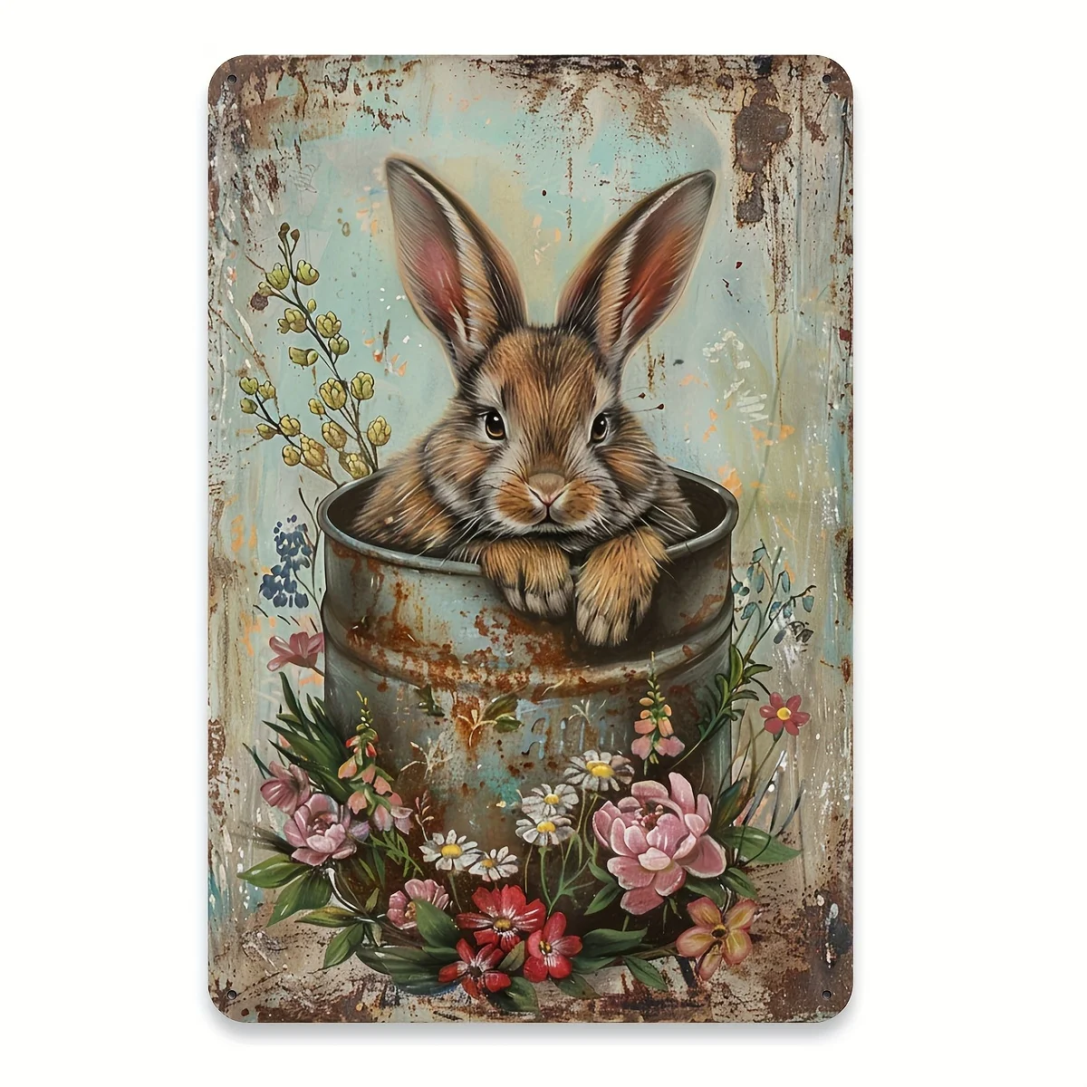 Retro Country Style Rabbit And Floral Iron Wall Art Indoor And Outdoor Decoration No Electricity Required 8X12 Inches