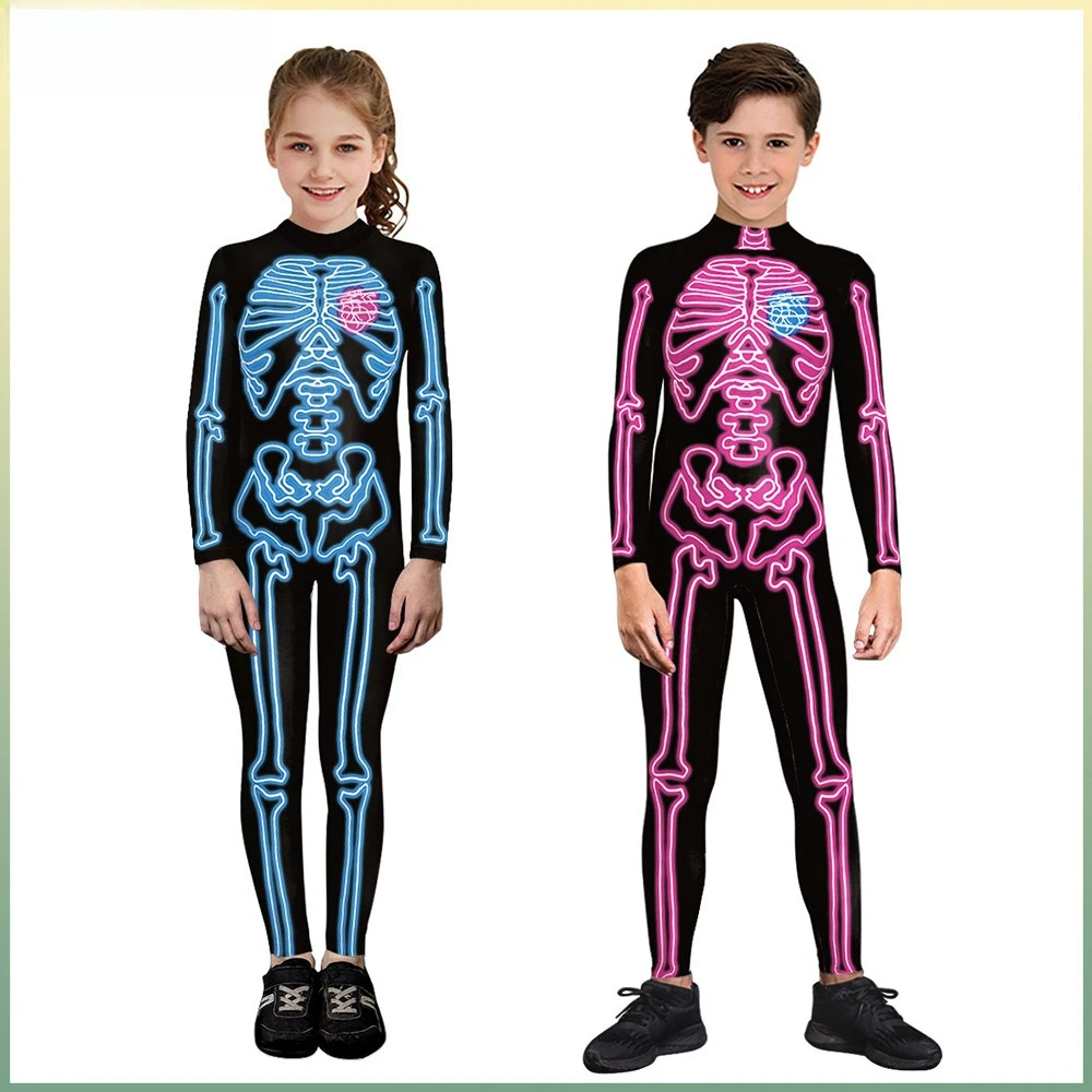 Disfraz de Esqueleto para Cosplay, Mono de Halloween para Niños, Unisex, Disfraz de Carnaval Zentai, Mono de Spandex de Manga Larga, Catsuit de Fantasma