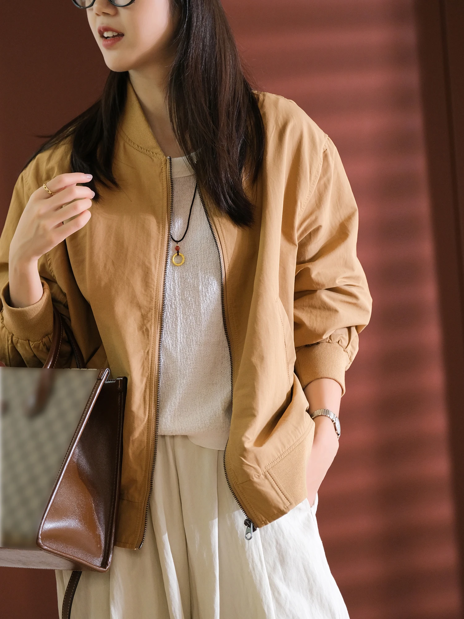 faionable-casual-loose-women's-jaet-pure-color-retro-baseball-workwear-outerwear-ci-lightweight-cotton-nylon-zipper