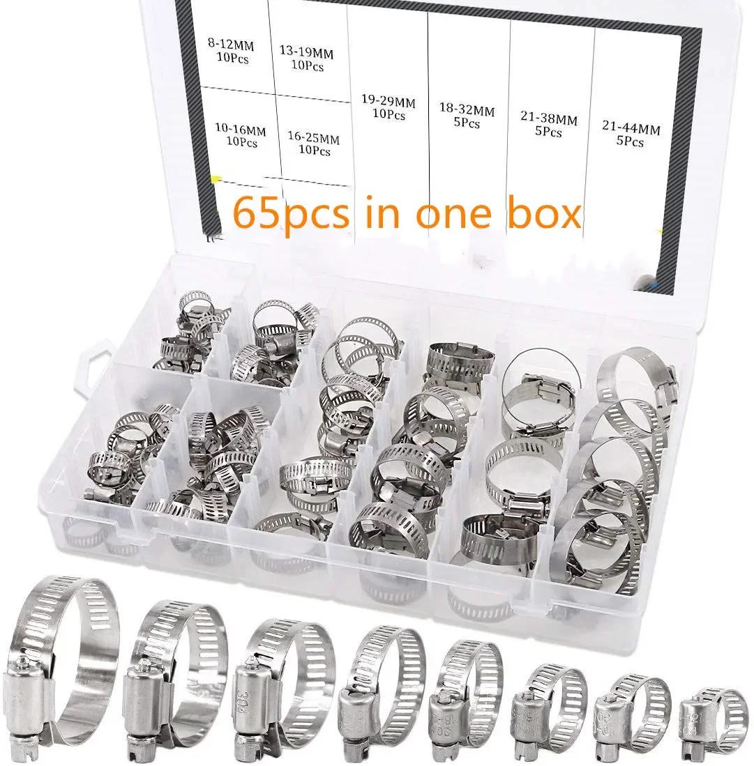 

65pcs Hose Clips Adjustable 8-44mm 304 Stainless Steel Worm Gear Hose Clamp Assortment