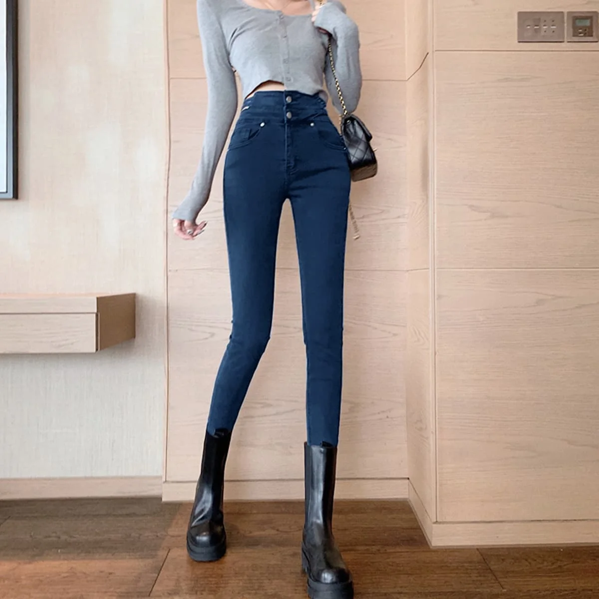 

High-Waisted Jeans for Women 2024 New Style Cut Out Elastic Slimming Look Tight Pencil Pants for Small Feet