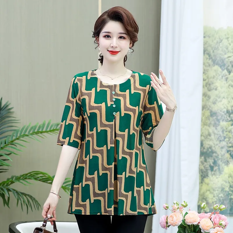 Vintage Printed T-shirt Casual Loose Folds Button Summer Half Sleeve Commute Daily Round Neck Midi Pullovers Female Clothing