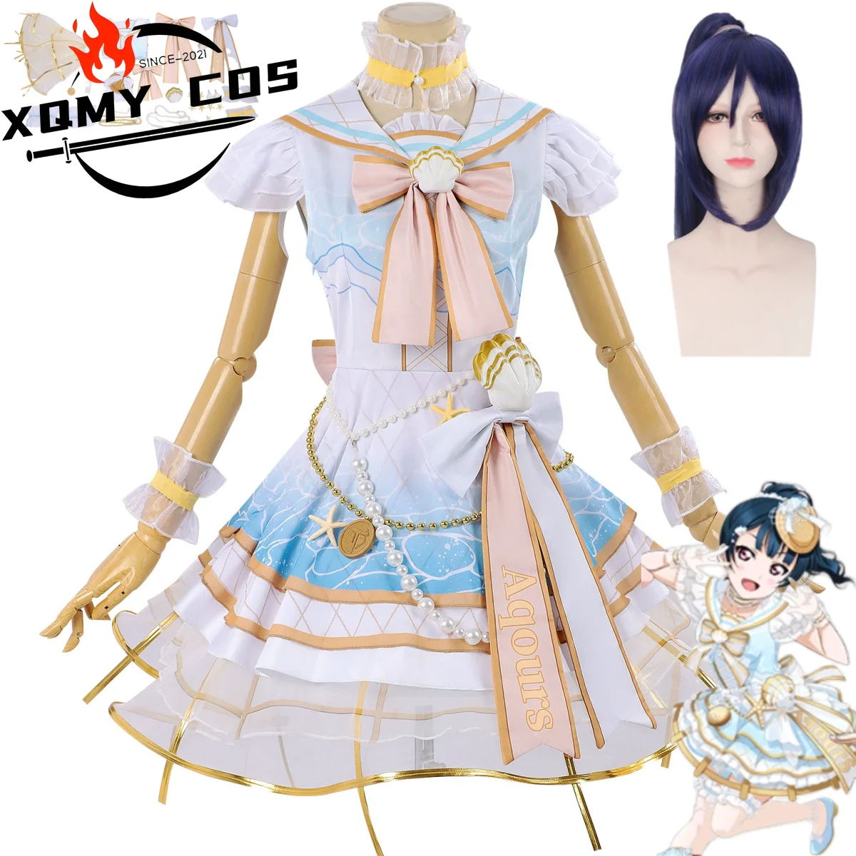 

XqAnime Lovelive! Sunshine Kanan Matsuura Косплей Костюм Белый Розовый Лолита Платье Принцессы Парик Женский Сексуальный Костюм Для Дня Рождения