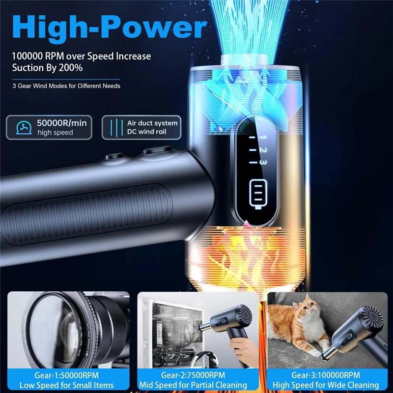 منفضة هواء مضغوط ABSF، 3 تروس إلى 100000 دورة في الدقيقة منفاخ هواء كهربائي محمول لاسلكي، لتنظيف لوحة المفاتيح والكمبيوتر الشخصي