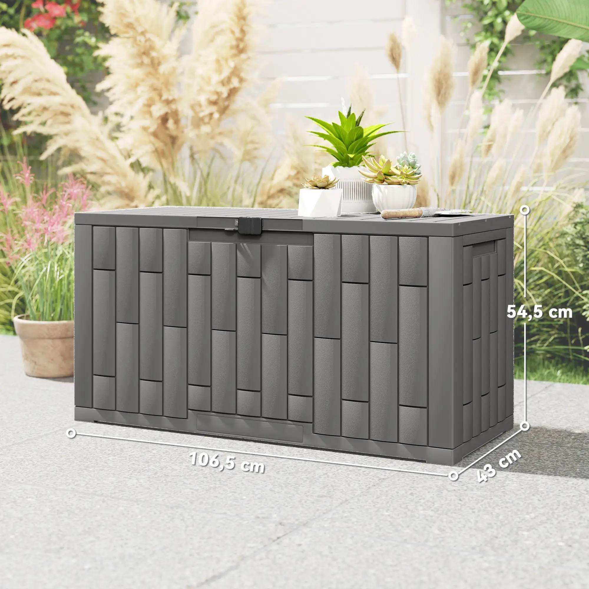 Caja de jardín de 227L, impermeable, resistente a los rayos UV, con cierre y resorte de gas, aspecto madera, 106,5 × 43 × 54,5 cm, gris