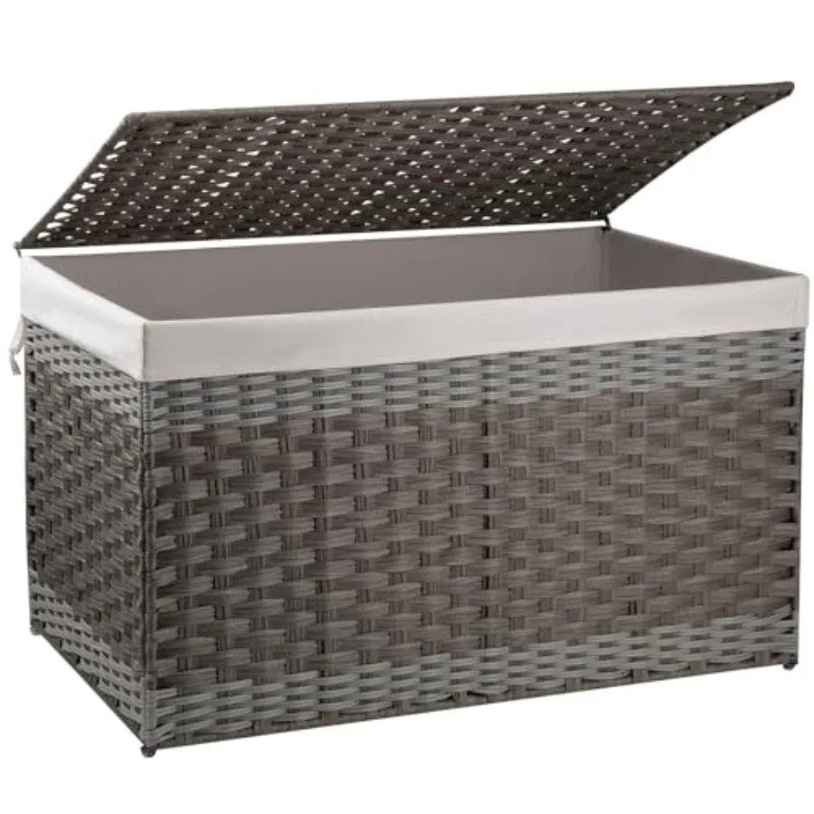 

Storage Basket with Lid, 42.3 Gallon Blanket Basket with Removable Liner Bag, Synthetic Wicker Hamper with Handle, Foldable, Ha