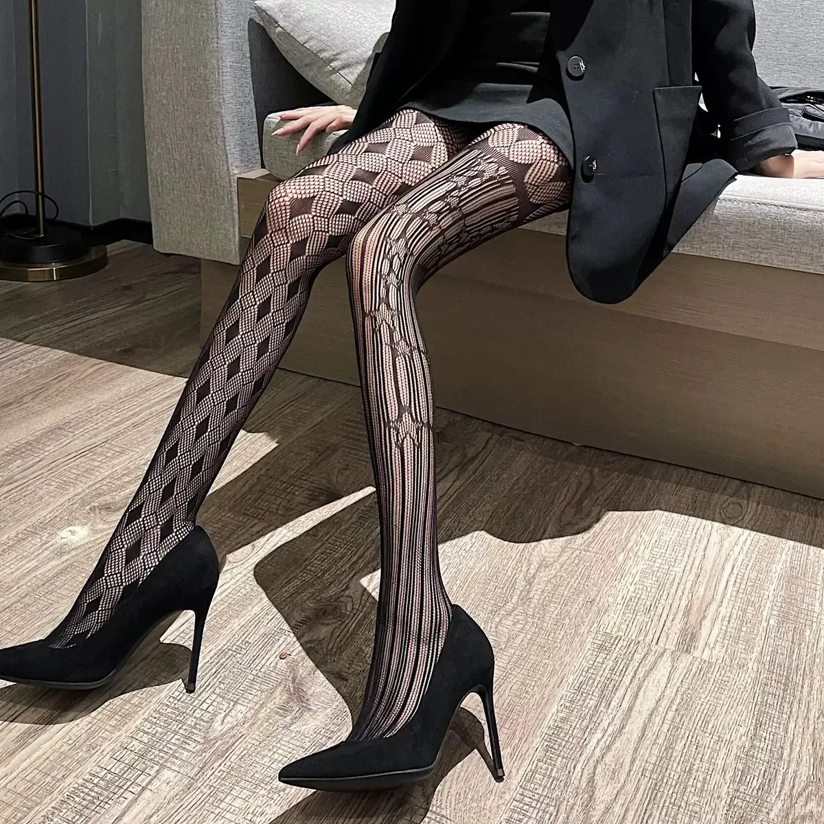 Women Hollow out Gothic Stars rhombus Leggings Female Mesh asymmetric Lolita Anime JK Tights Girls Halloween Cosplay Pantyhose