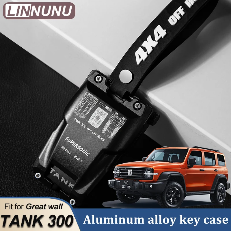

LINNUNU Car Key Case Cover Chain Ring For Great Wall GWM WEY TANK 300 Aluminum alloy supersonic Fob Smart Key Interior Protect