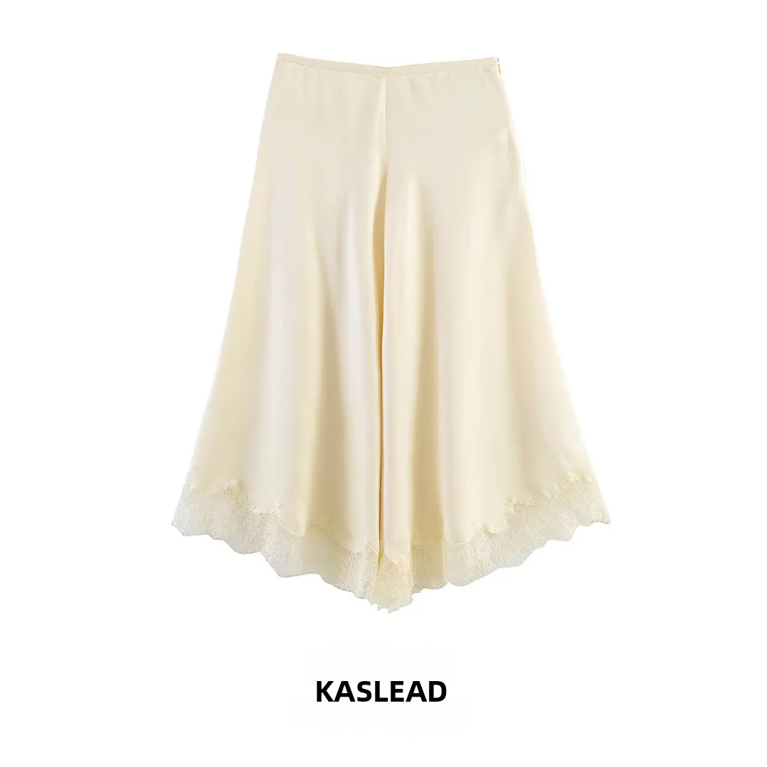 

KASLEAD New Fashion Simple Lace Trim Silk Satin Skirt Women's A-Line Midi Skirt Standard Fit Spring 2026 Polyester Fiber