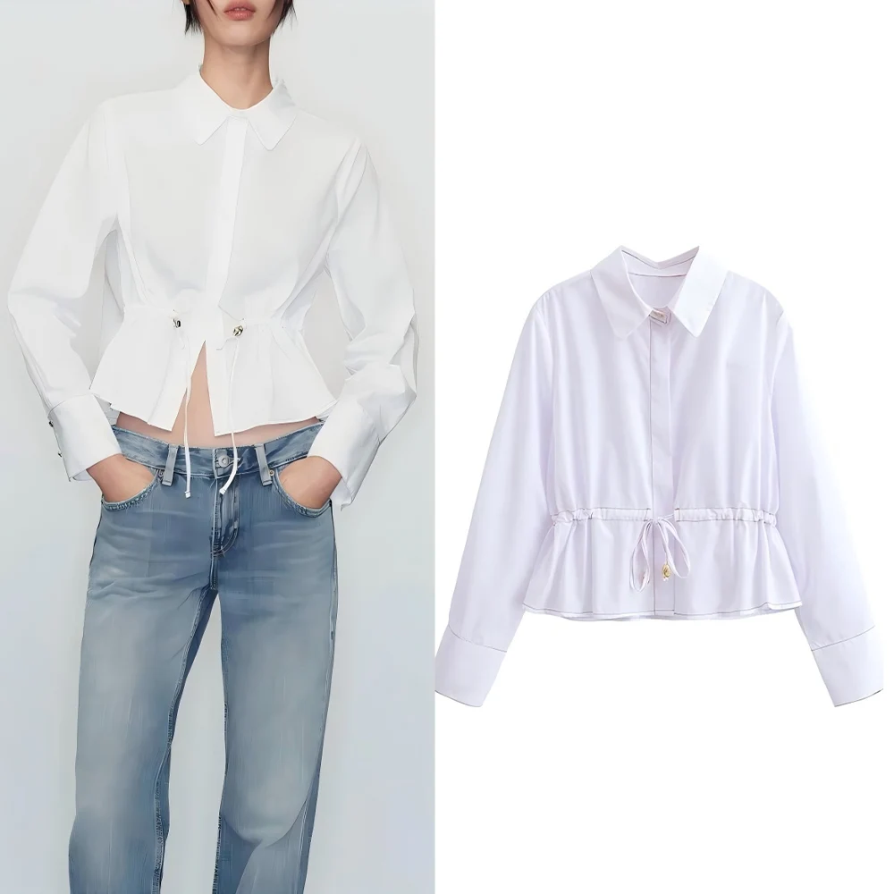 

Women's New Fashion Waist Drawstring Design Short White Lapel Shirt Retro Long Sleeve Button-up Women's Shirt chic Top