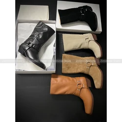 Chunky heel niche boots women's shoes 2024 autumn and winter new retro belt buckle mid-length boots