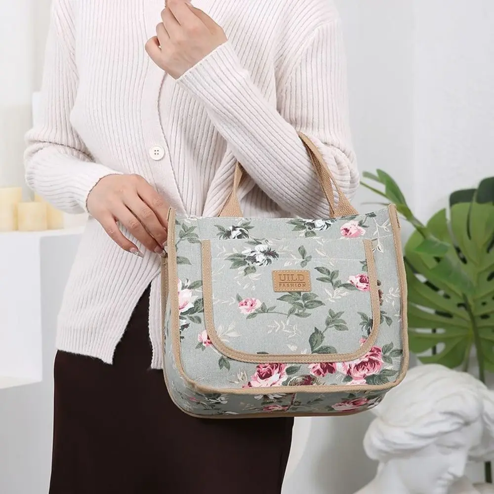 

Portable Insulated Floral Print Lunch Bag Flower Zippered Thermal Picnic Bag Foil Lining Large Capacity Tote Bag Worker