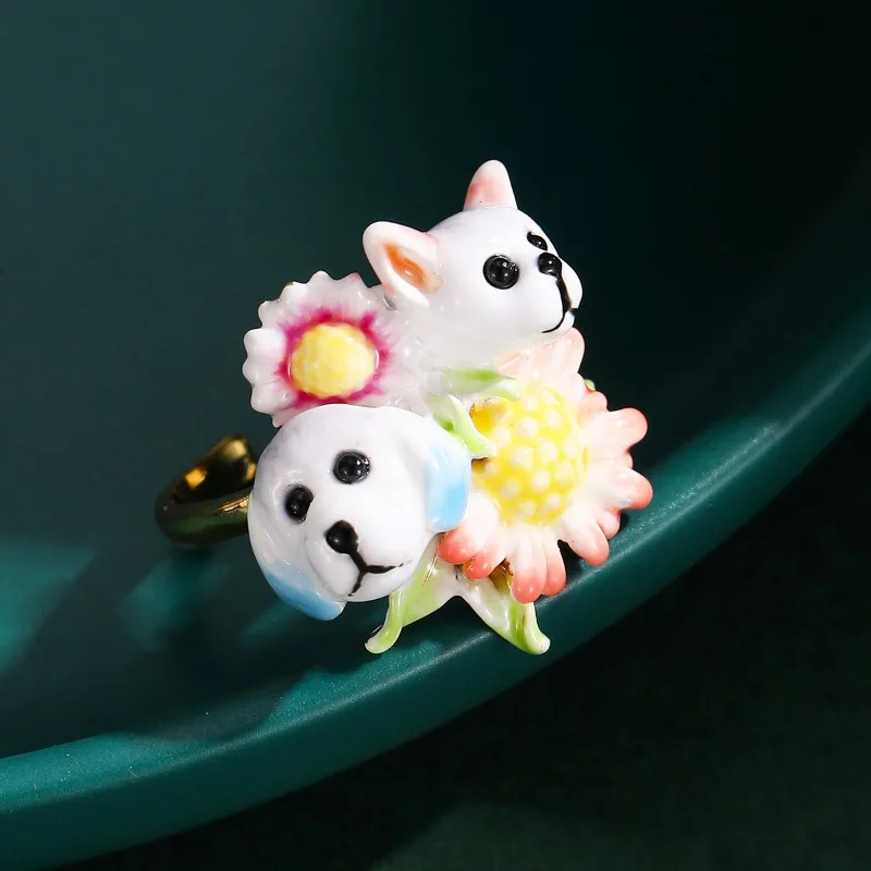 

High-quality Fashionable Enamel Glaze Double Dogs Flower Open Ring Cute Pet Ring Gold-plated Jewelry Trendy for Women