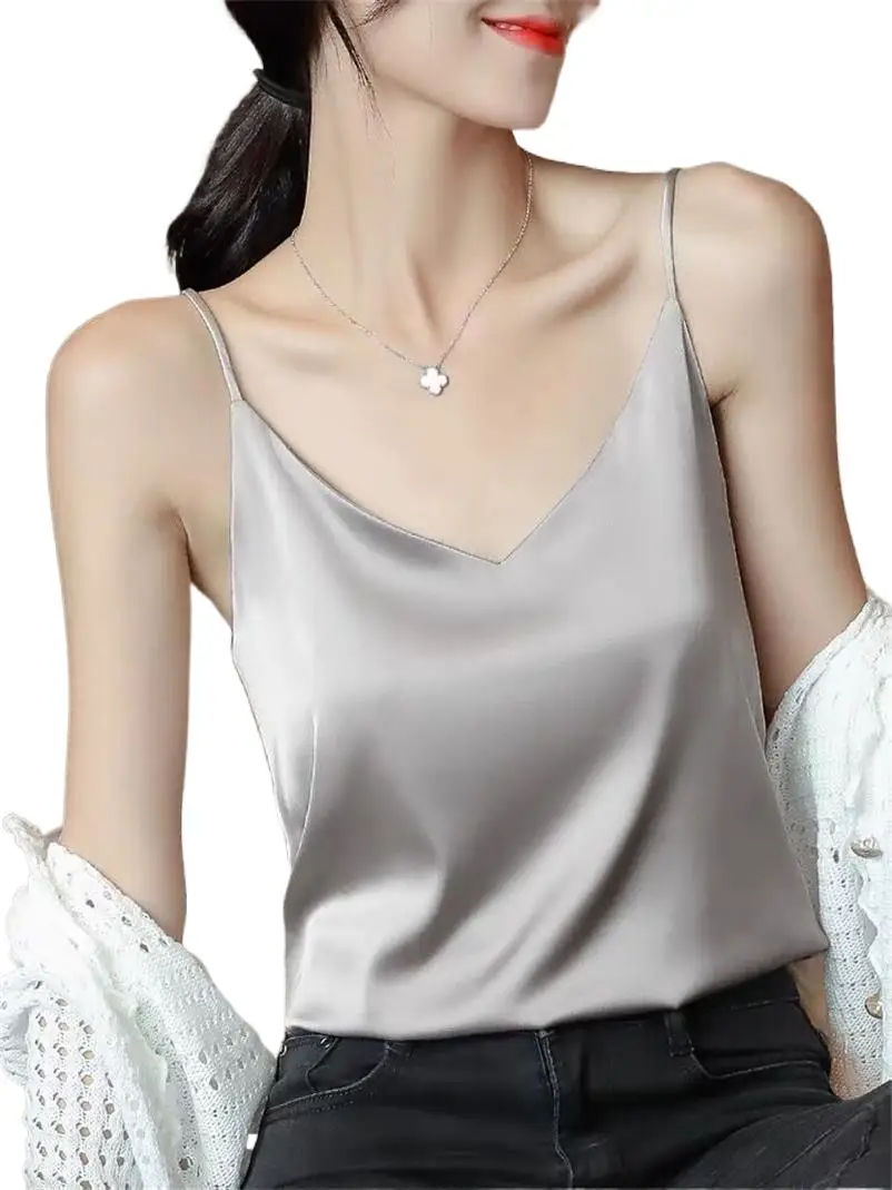 Black White Lavender Satin Women Camis Top V Neck Summer Solid Spaghetti Strap Tops Casual Sleeveless Shirts Blouse 10 Colors