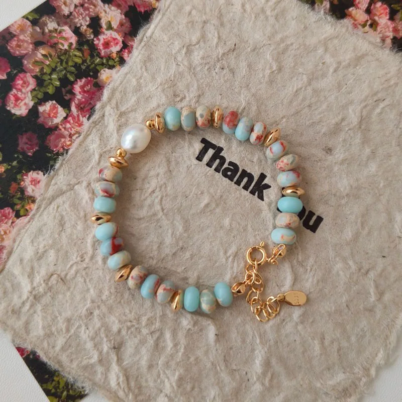VOBIPY Beaded Pearl Bracelets for Women Natural Stone Vintage Bracelet S925 Plated Colorful Gemstones Boho Handmade Jewelry