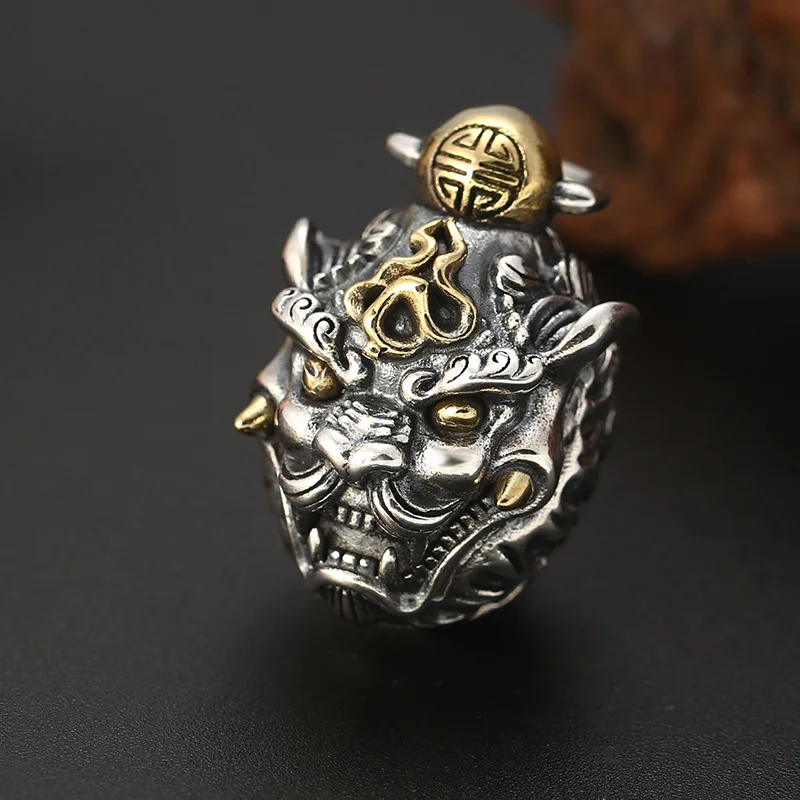 S925 Sterling Silver Pixiu Pendant Black Color Old Process Unisex Bell 3D Hollow Fine Jewelry FYNE420