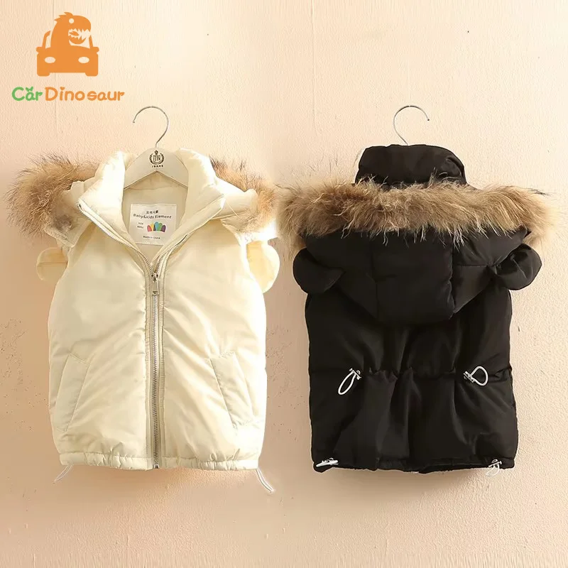 

2025 Winter 2-10 Years Animal Ear Faux Fur Hat Solid Color Thickening Plus Velet Outwear Kids Baby Girl Hooded Vests Waistcoats