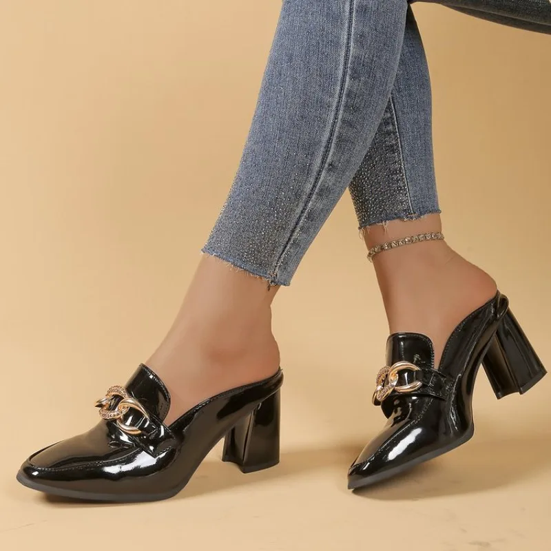 Fashion Light Weight High Quality Black Patent Leather Spring Slip on Square Heel Shoes Lady Casual