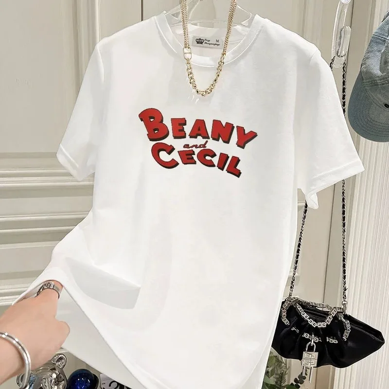 

Women Clothing Letter Printed Basics T-shirt Summer Casual O-neck Pure Cotton Top Tee Vintage Loose Drop Sleeves Pullovers