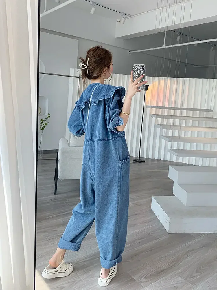 

Jumpsuits Women 2022 New Fashion Autumn Spring Jeans Doll Collar Solid Full Length High Waist Loose Jump Suits for Women