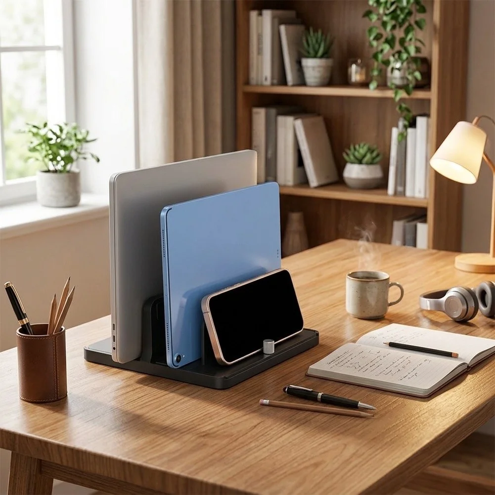 Vertical Laptops Stand With Adjustable Metal Dual Slot Multifunctional Storage Holder Desktop Bracket For Laptops & Tablets