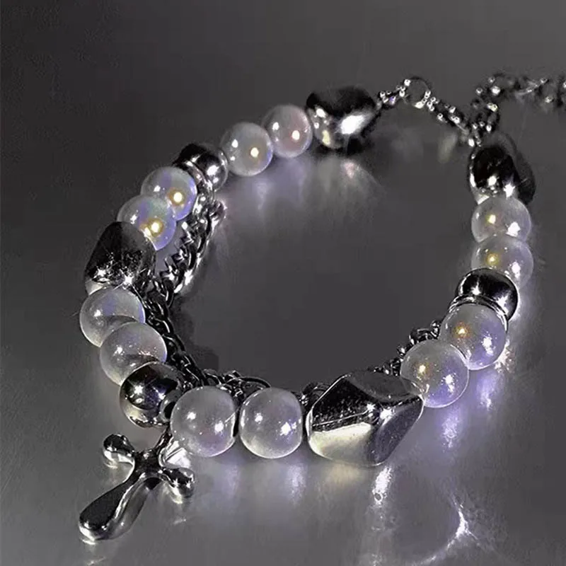 Shiny Reflective Pearl Bracelet for Women Men Jesus Christ Cross Pendant Charm Bracelet Girls Punk Hip Hop Hand Chain Jewelry