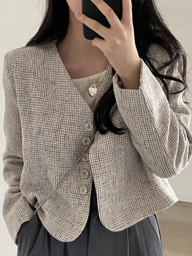 

Korean Fashion Crop Coat Women Elegant Vintage Faux Woolen Jacket Female Autumn Loose Long Sleeve Single Breasted Thin Outerwear