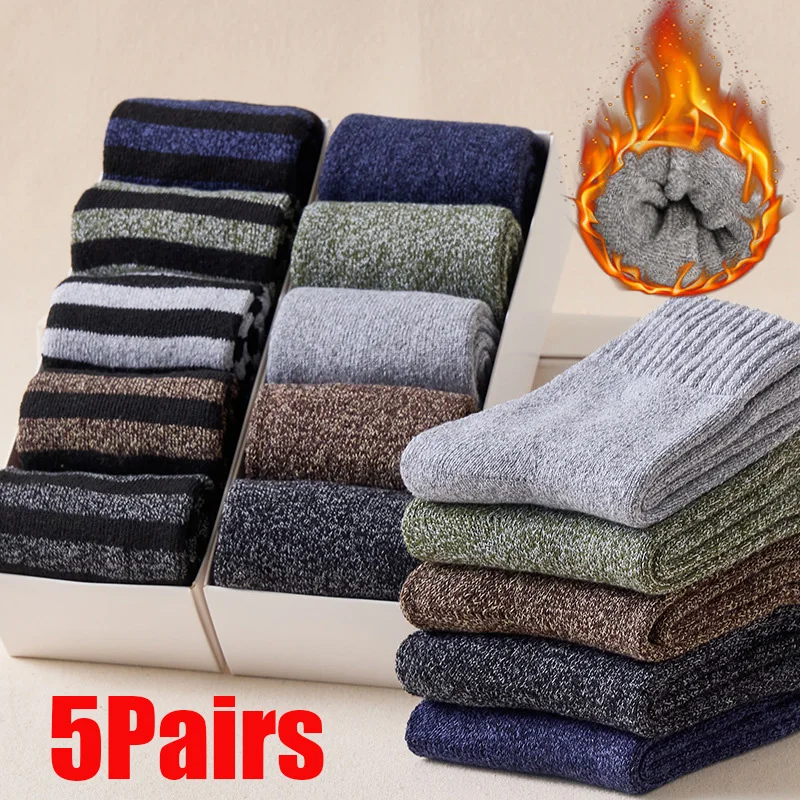 10pcs=5pairs Socks Men Super Thicker Solid Sock Merino Wool Rabbit Socks Against Cold Snow Russia Winter Warm Funny Male Sock