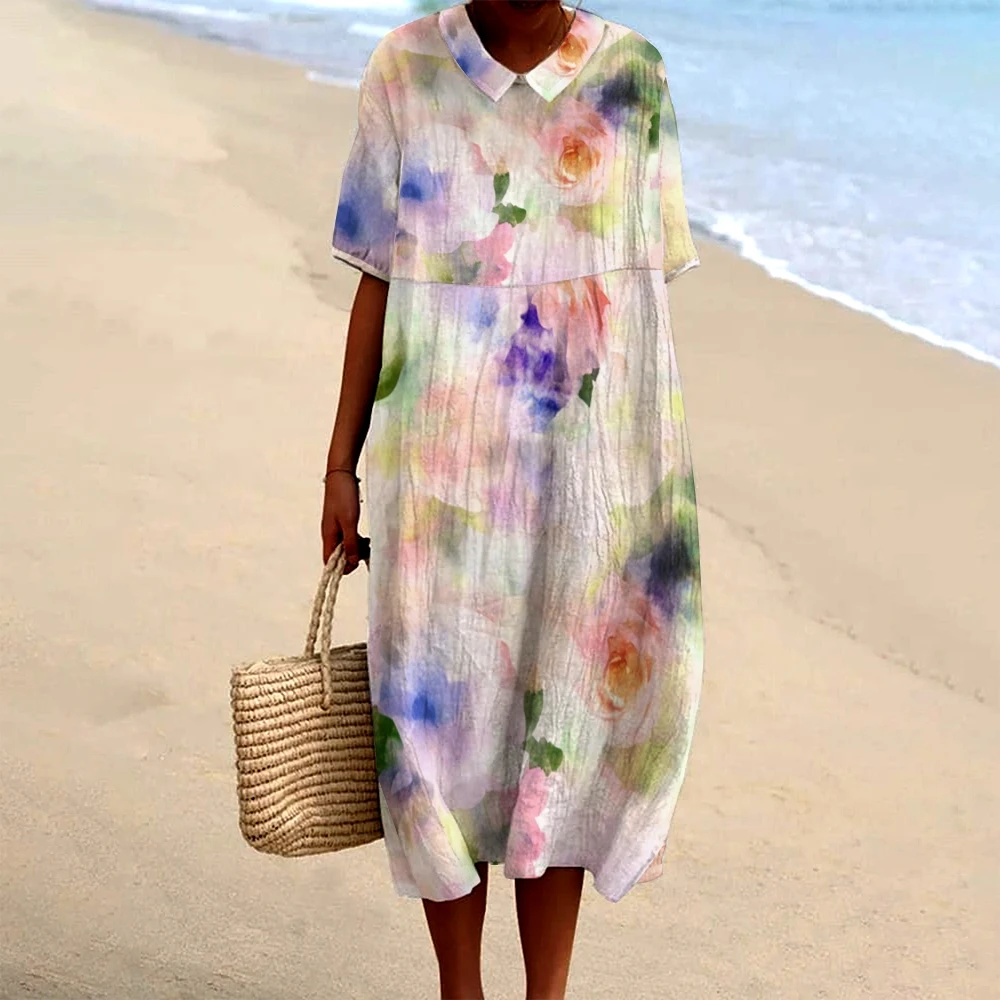 

Women's Printed Lapel Dress Fashion 2025 Short Sleeve Loose Beach Dress Cotton Casual Maxi Baggy Dress Vintage Vacation Skirt