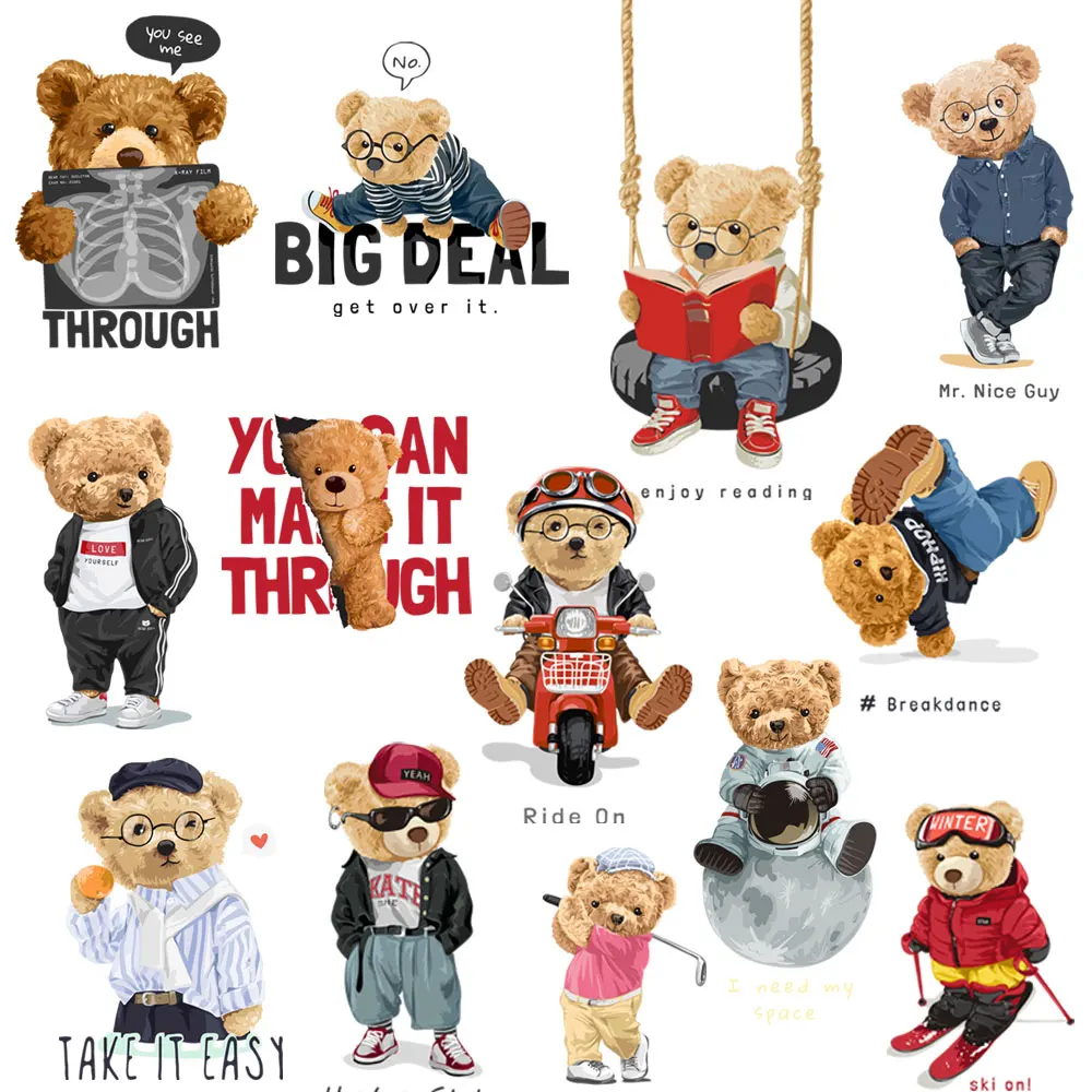 Teddy Bears Clothes Appliques Animals Patches For Clothing DIY T-shirt Sticker Heat Transfer Patches Happy Vibes Decals